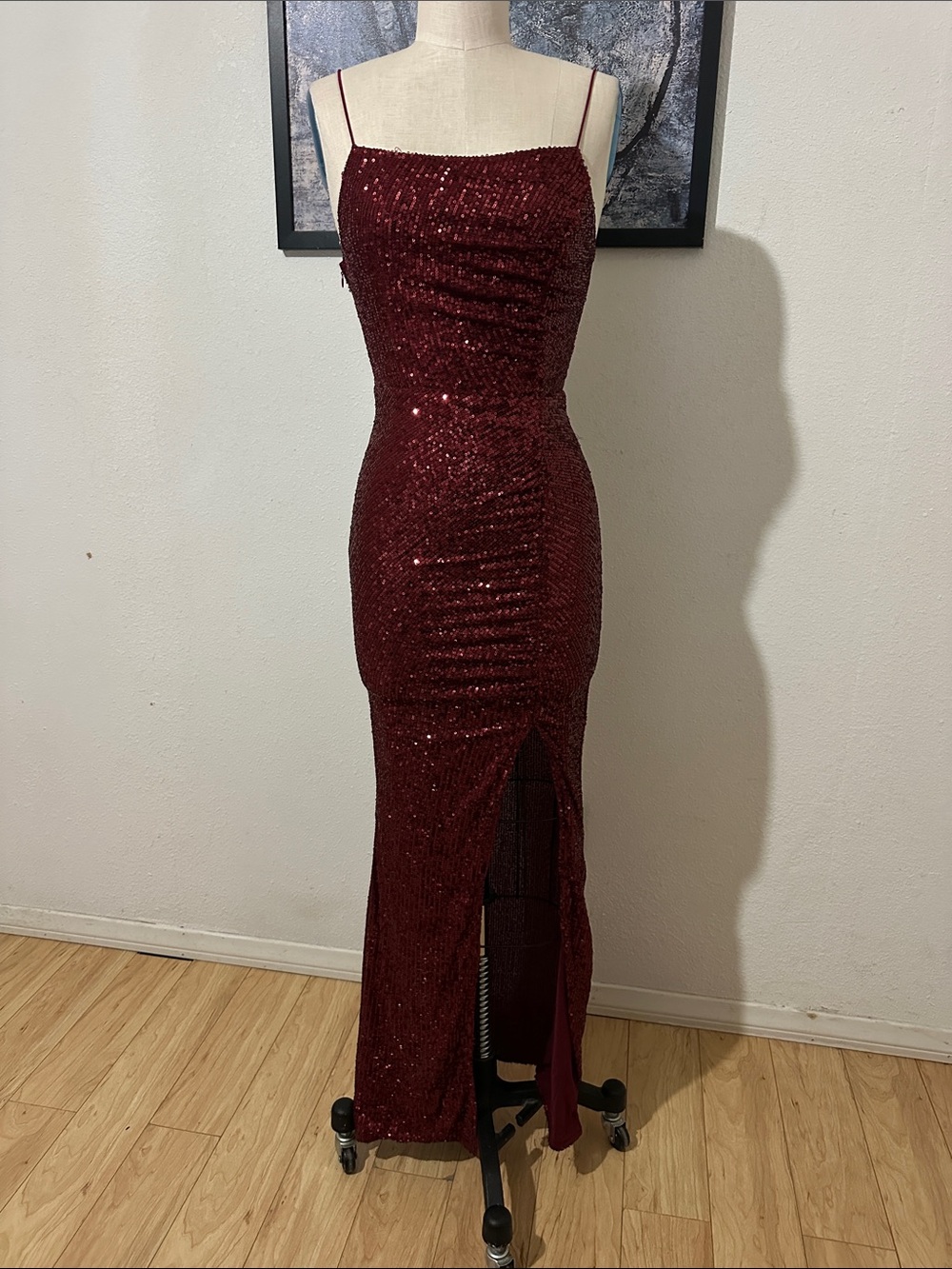 Fashion Nova Burgundy Sequin Maxi Dress with Slit